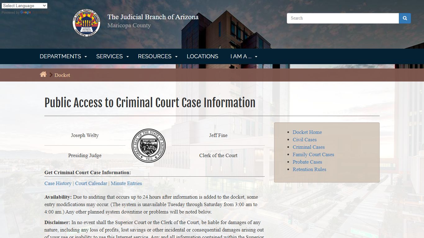 Public Access to Criminal Court Case Information - Maricopa County, Arizona